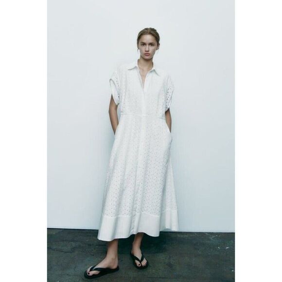 Zara Womens Shirt Dress Size S White Maxi Embroidered Eyelet Belted 7761/063 NWT - Picture 1 of 9